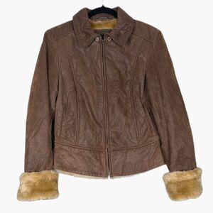 Brandon Thomas Leather Jacket M Brown Shearling Lined Zip Coat Women